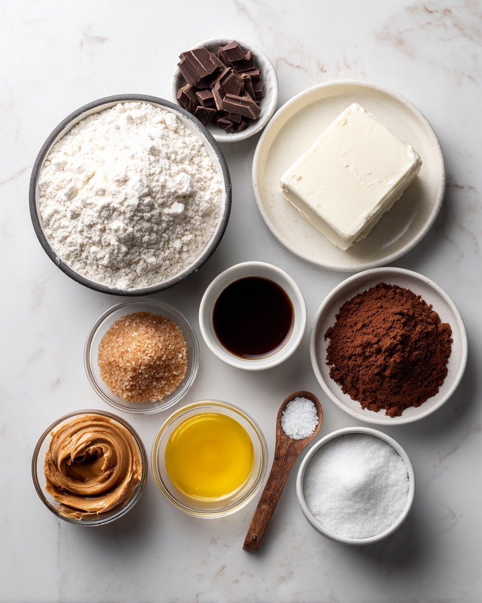 The image shows nine dishes on a white marbled surface arranged in a loose circle, each holding different baking ingredients. In the center, there is a bowl filled with white flour, rough and powdery in texture. Just above it on the right sits a white plate with a block of white cream cheese, smooth and firm. Below and to the right of the flour bowl is a small white bowl with fine dark brown cocoa powder, matte and soft. Next to it is another small white bowl holding a dark liquid vanilla extract, shiny and smooth. Above and to the right is a very small bowl of bright yellow melted butter, glossy and liquid. To the left of the butter is a black measuring cup filled with smooth, creamy brown peanut butter. Below and to the left of the peanut butter is a small black measuring cup filled with light brown sugar crystals, rough and grainy. Beneath that sits a small white bowl filled with shiny white granulated sugar, coarse and bright. Finally, near the top left is a clear glass bowl full of rough, dark brown chocolate shavings with uneven edges. In the center is a tiny wooden spoon with salt grains. Photo taken with an iphone --ar 4:5 --v 7