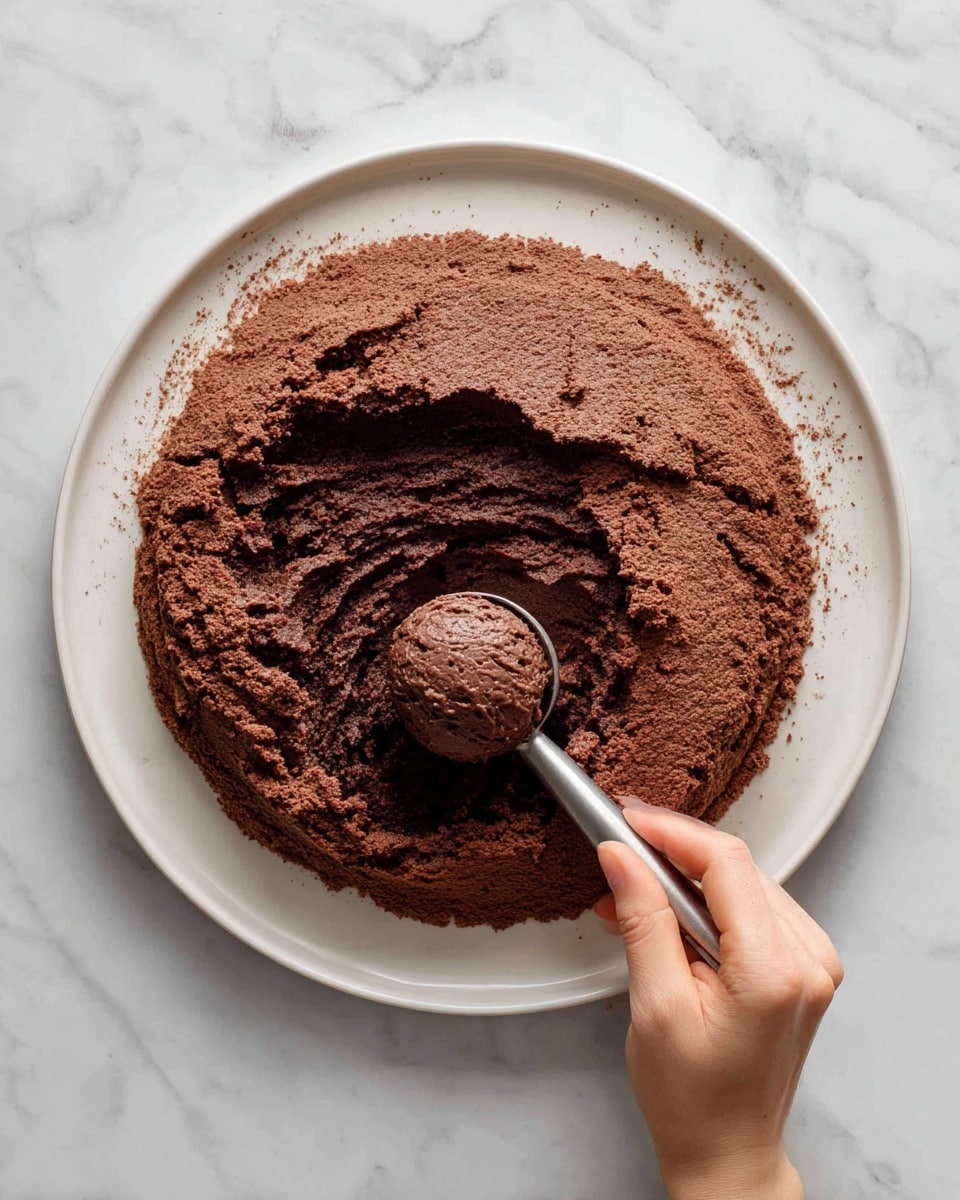 A white plate sits on a white marbled surface, holding a large uneven mound of soft chocolate dough with a rough, slightly cracked texture. On the right side of the plate, a woman's hand is holding a metal ice cream scoop pressing into the dough, lifting a round portion that shows a crumbly chocolate interior. The dough on the plate has visible finger marks creating soft ridges and indentations. The photo is taken with an iphone --ar 4:5 --v 7