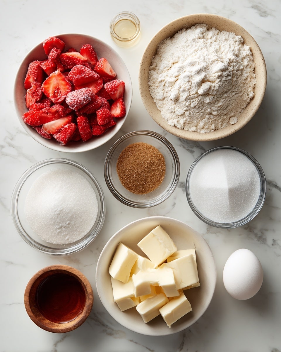 The image shows eight bowls and containers with baking ingredients arranged on a white marbled surface. In the top left, there is a white bowl filled with bright red freeze-dried strawberry slices, some spilling around it. To the top right, a light brown bowl holds a mound of fine white flour with a small crack in the center. Below the flour, a clear glass bowl contains brown sugar. Near the brown sugar is another clear glass bowl with white granulated sugar. Below the strawberry bowl, a small wooden bowl has a pinch of salt. In the center bottom, a white bowl is filled with neatly cubed pale yellow butter. To the right of the butter, a single white egg sits beside a small white container holding baking powder. Above the egg is a small white dish with a bit of amber vanilla extract. The entire setup is clean, bright, and organized. Photo taken with an iphone --ar 4:5 --v 7