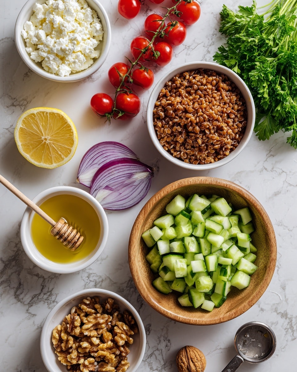 The image shows an overhead view of ingredients on a white marbled surface. There is a white bowl filled with small chopped cucumber pieces on the bottom right, next to a wooden bowl full of cooked brown grains on the top right, with a small bunch of fresh green parsley behind it. Above the cucumber bowl and to the left, there is a small white bowl holding white crumbled cheese. Above that, two stems of red cherry tomatoes are laid out with one half of a purple onion near them. Below and to the left of the cheese bowl, there is a small white bowl filled with honey with a wooden honey dipper resting inside. A round lemon half lies next to a small glass container filled with olive oil, and a metal measuring cup holds chopped walnuts near the lemon. photo taken with an iphone --ar 4:5 --v 7