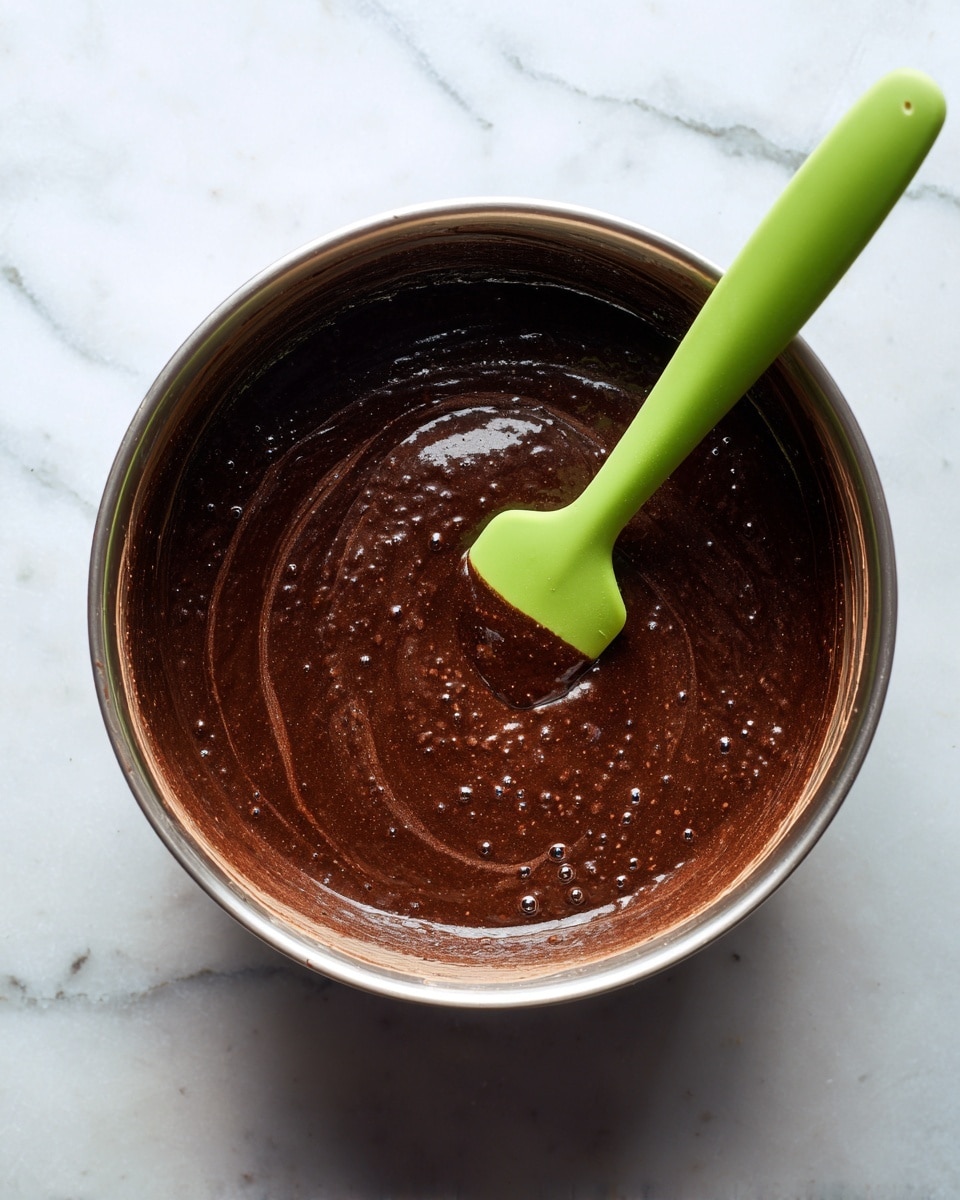 A top view of a round metal bowl filled with thick dark brown chocolate batter that has some small bubbles on its surface. Inside the bowl, a green silicone spatula is partially inside the batter, showing a glossy texture with some batter on the spatula. The bowl sits on a white marbled surface. photo taken with an iphone --ar 4:5 --v 7