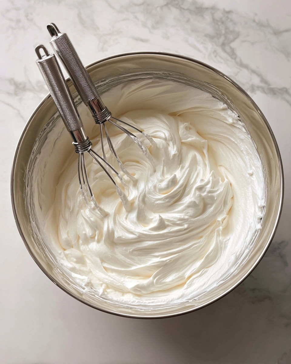 The image shows a shiny silver metal bowl filled with thick, white whipped cream. The whipped cream is smooth and fluffy, with soft peaks forming inside the bowl. Two silver beaters from an electric mixer rest in the bowl, covered lightly with the whipped cream. The bowl is placed on a surface with a white marbled texture. photo taken with an iphone --ar 4:5 --v 7
