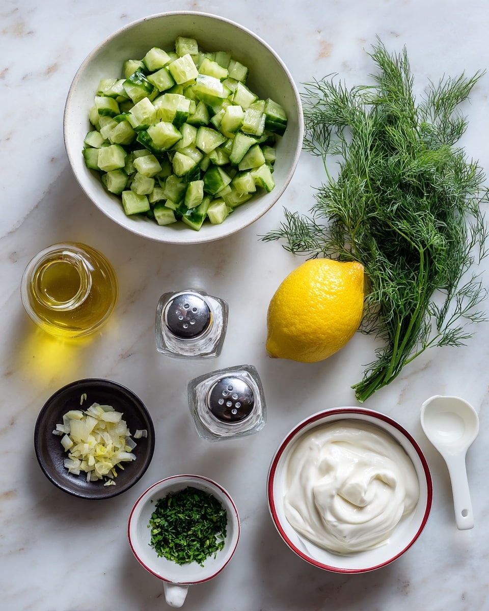 A top view of several small bowls and containers arranged on a white marbled surface. The main focus is a white bowl filled with light green chopped cucumbers with an uneven texture, placed at the top left. To its right is a small bunch of fresh dill with feathery green leaves, and a halved bright yellow lemon with visible seeds. Below are two clear glass salt and pepper shakers with silver tops. To the left sits a small glass bottle of golden-yellow oil with a white cap. Below the oil is a tiny glass bowl filled with chopped garlic pieces. To the right of the garlic bowl is a black bowl containing smooth, white yogurt with soft swirls on top. Finally, at the bottom, there are two white bowls with red rims and a small white spoon-shaped dish, each holding finely chopped fresh green herbs. photo taken with an iphone --ar 4:5 --v 7