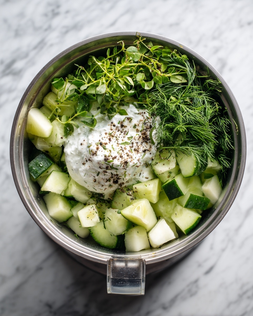 A top-down view shows a silver metal blender container on a white marbled surface. Inside, there are several layers of ingredients: diced pale green cucumber and white pieces spread around the base, a dollop of white cream with a sprinkle of black pepper rests near the top, and small sprigs of fresh, bright green herbs like dill and chopped parsley sit on one side. The mixture shows fresh textures with soft and crunchy elements, ready for blending. photo taken with an iphone --ar 4:5 --v 7