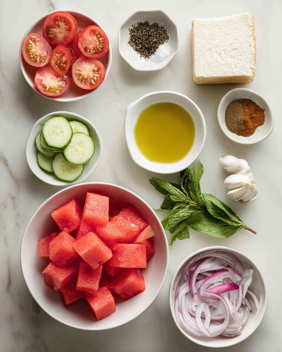 The image shows a top view of various fresh ingredients arranged on a white marbled surface. At the center is a white bowl filled with bright red watermelon cubes. Surrounding it are small white bowls containing different ingredients: at the top left, four hollowed-out tomato halves with a reddish color; a small open container with dark brown spice above the square piece of white bread at the top right; a bowl of light yellow liquid below the bread; a small bowl of brown powder at the bottom right; fresh green mint leaves beside it; a small cup of golden olive oil below the mint; a bowl at the bottom center with chopped red bell peppers, pink onion slices, and whole white garlic cloves; a bowl at bottom left with pale green cucumber sticks; and lastly, a small bowl with white salt and black peppercorns at the top left. Photo taken with an iphone --ar 4:5 --v 7