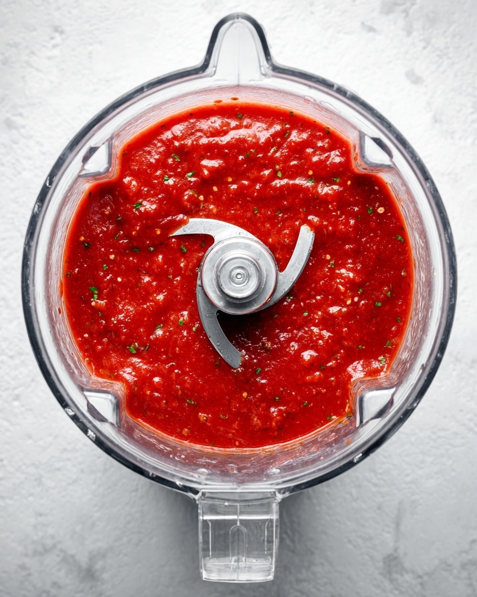 A clear blender bowl filled with a smooth, bright red sauce with tiny green flecks mixed in, showing some bubbles on the surface. The sharp silver blade is centered and visible through the sauce. The bowl sits on a white marbled texture background, with the blender's clear handle visible on the sides photo taken with an iphone --ar 4:5 --v 7