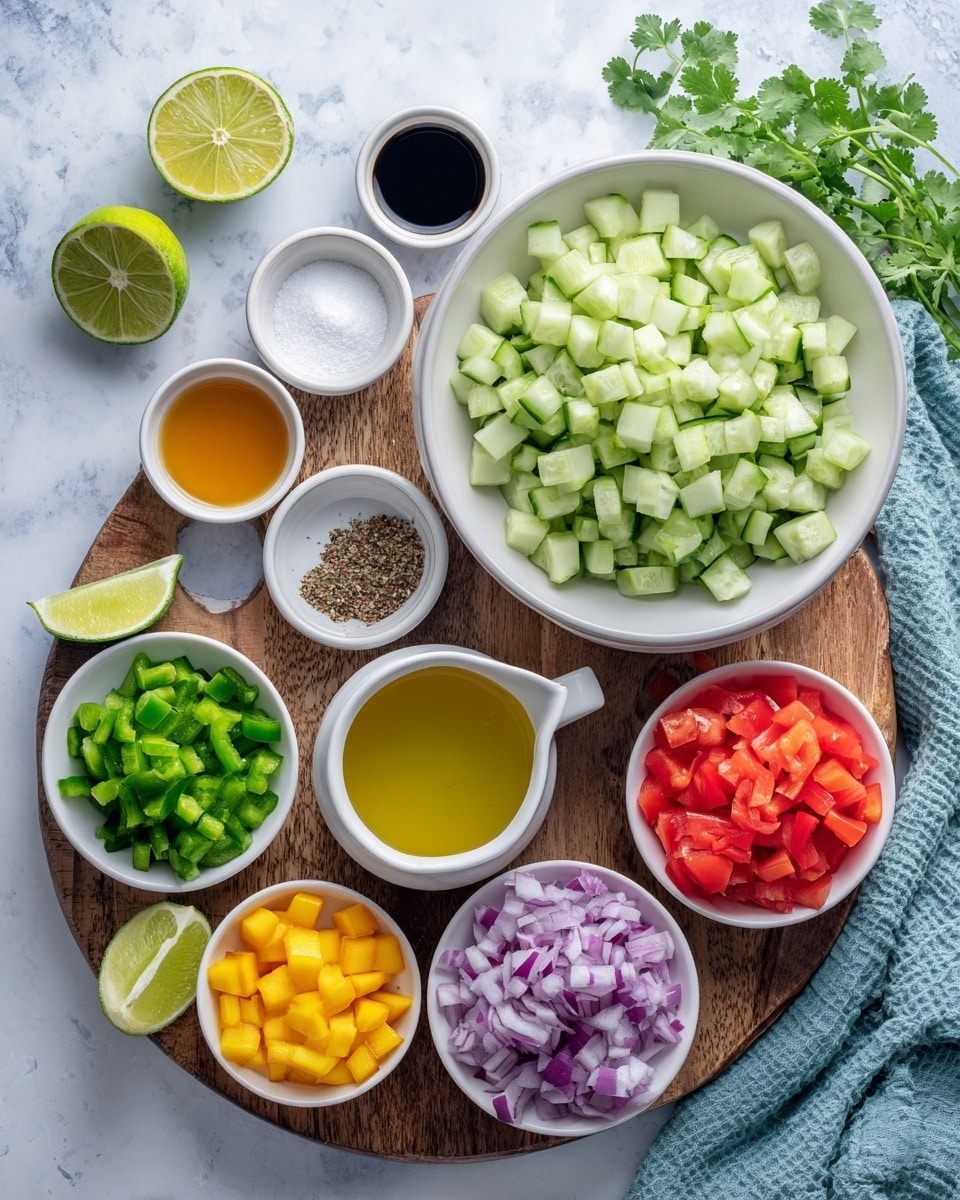 The image shows multiple bowls of chopped fresh vegetables and ingredients arranged neatly on a white marbled surface. In the center, there is a large white bowl filled with pale green chopped cucumber. Surrounding it on a wooden round board are small bowls holding white salt, black pepper, golden olive oil, and minced garlic in various colors of brown, white, and green containers. Around the board on the marbled surface are white bowls containing bright green diced bell pepper, red diced tomato, purple chopped red onion, and finely chopped green cilantro. There is also a white cup with diced yellow mango and a white cup filled with a light yellow liquid. A whole bright green lime and lime wedges are placed nearby, along with a sprig of cilantro and a soft textured blue-green cloth. Photo taken with an iphone --ar 4:5 --v 7