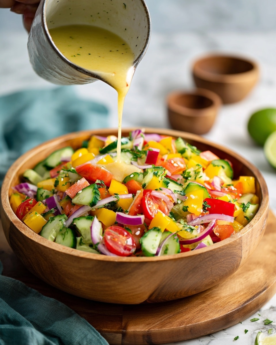 A green bowl filled with a colorful salad made of small pieces of red and yellow bell peppers, green cucumbers, red onions, tomatoes, and green herbs on top of a wooden round board. A woman's hand is pouring light yellow liquid from a gray and white cup over the salad. The background has a white marbled texture with a blue-green cloth and two wooden small bowls and a lime on the side. Photo taken with an iphone --ar 4:5 --v 7