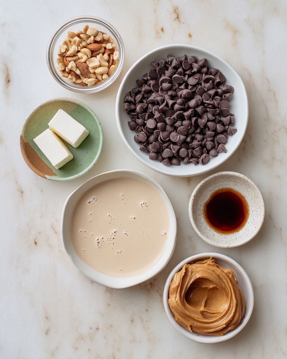 The image shows six small bowls with different ingredients on a white marbled surface. In the center is a white bowl filled with many small, dark chocolate chips. Below it, another white bowl holds a smooth, pale cream mixture with small bubbles. To the left, there is a small green and beige bowl with coarse salt, and above it a tiny white bowl with two white rectangular pieces, probably butter. On the top left, a clear glass bowl contains chopped light brown nuts. To the right of the glass bowl, a white bowl has thick brown peanut butter. On the far right, a tiny speckled bowl holds dark brown liquid, likely vanilla extract. photo taken with an iphone --ar 4:5 --v 7