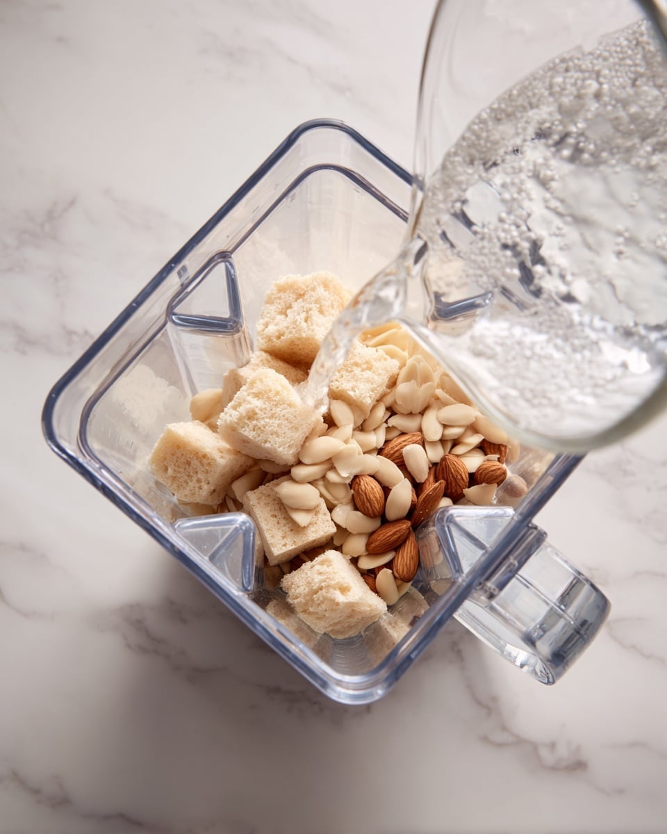 A clear square blender container sits on a white marbled surface, filled with two layers: the bottom layer has small, light beige bread cubes and the top layer has pale, whole almonds. Clear water is being poured into the blender from a glass jug positioned on the right side of the image. The scene is bright and clean, viewed from above. photo taken with an iphone --ar 4:5 --v 7