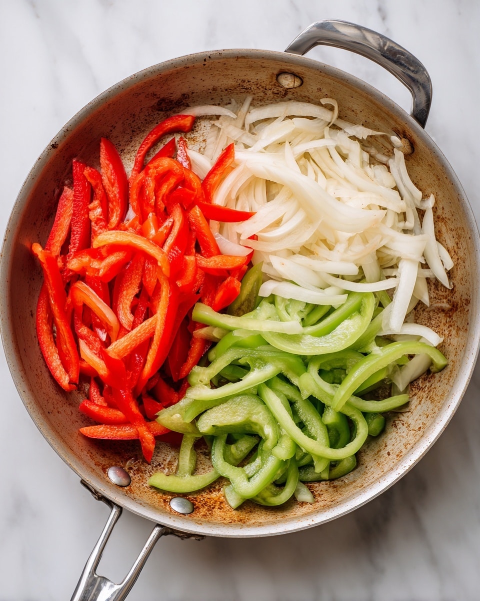 A close-up view of a scratched silver metal frying pan filled with many small, light pink pieces of raw chicken spread evenly across the pan’s center and edges. In the background to the upper left, there is a white bowl filled with a mix of green, red, and beige vegetables, partially out of focus. The scene sits on a white marbled surface. photo taken with an iphone --ar 4:5 --v 7