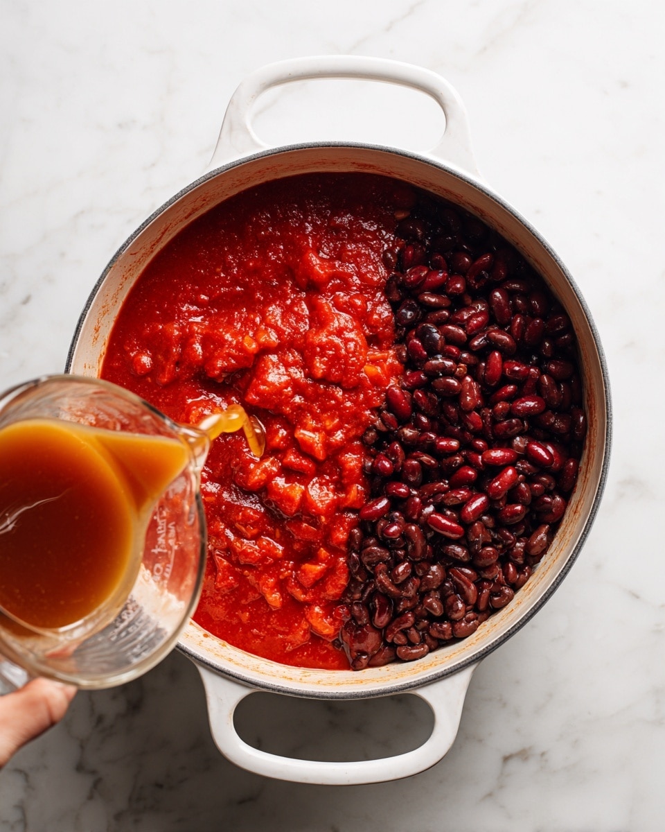 A white pot with two handles sits on a white marbled surface, filled halfway with two main layers: on the left side is a thick, chunky red tomato sauce with visible small diced pieces; on the right side are dark red kidney beans and some black beans mixed in lower right corner. A woman's hand pours light brown liquid from a clear measuring cup into the pot near the bottom left side. The scene is bright and clean, showing the cooking process clearly photo taken with an iphone --ar 4:5 --v 7