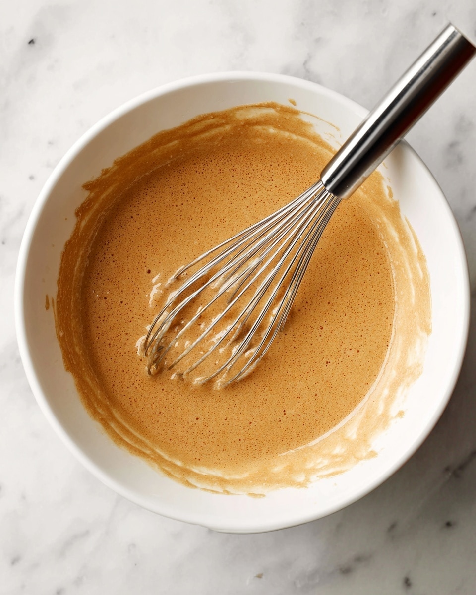 A top view of a white bowl filled with a smooth light brown mixture that looks like batter. A metal whisk with a black handle is inside the bowl, partially submerged in the batter. The batter clings to the sides of the bowl unevenly, showing a slightly thick texture. The bowl sits on a white marbled surface. photo taken with an iphone --ar 4:5 --v 7