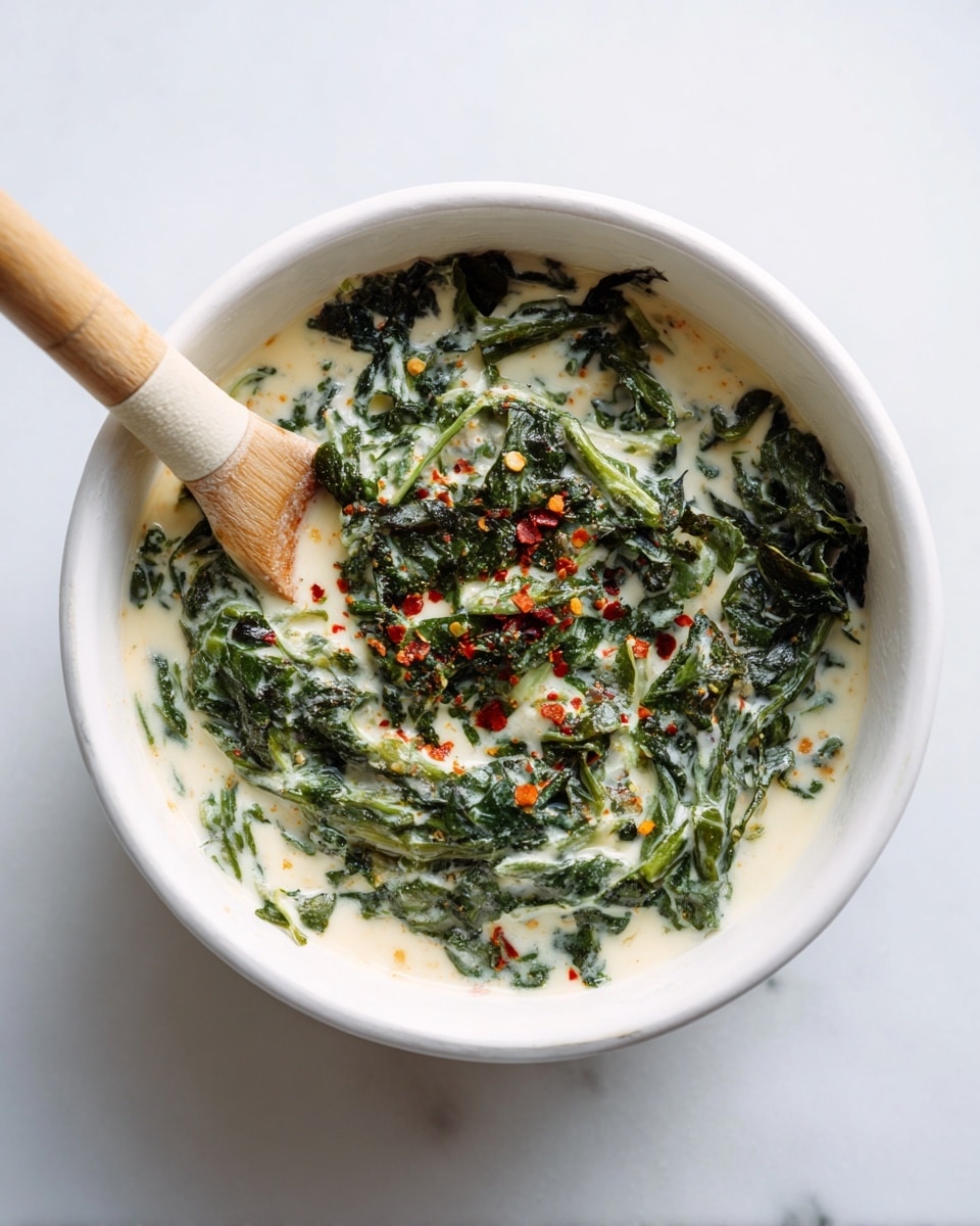 A white bowl holds a creamy mixture with finely chopped dark green leafy vegetables evenly spread throughout the light, milky sauce. A white spoon with a wooden tip rests inside the bowl at an angle, partially submerged in the mixture, showing some red spice on the wooden tip. The bowl sits on a white marbled surface, giving a clean and bright background. photo taken with an iphone --ar 4:5 --v 7