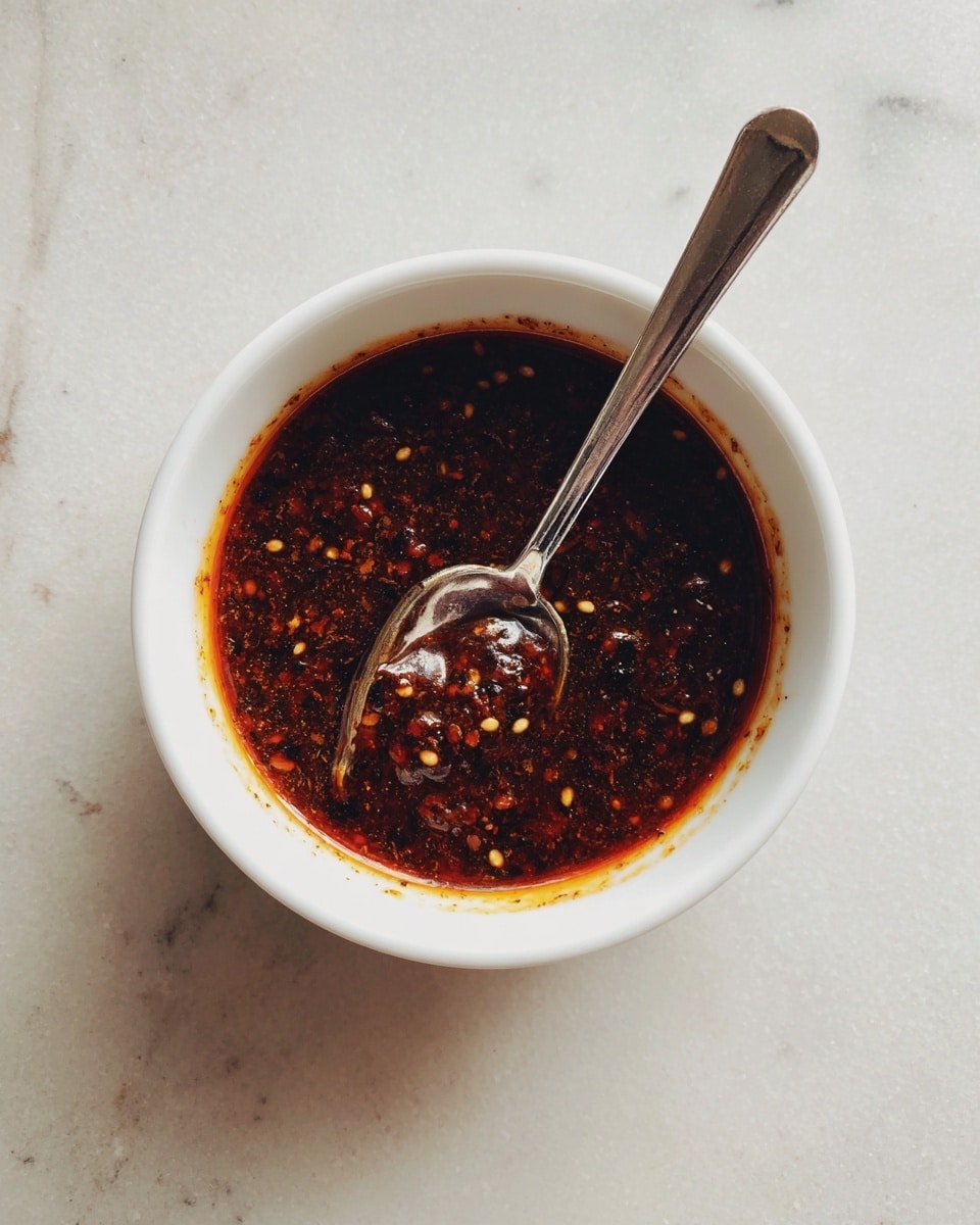 A small white bowl holds a dark reddish-brown sauce with thick texture and visible small seeds and spices mixed in. A silver spoon rests inside the bowl, partially dipped into the sauce, showing its slightly oily surface. The bowl sits on a white marbled surface with soft, even lighting highlighting the sauce's rich color and texture. Photo taken with an iphone --ar 4:5 --v 7