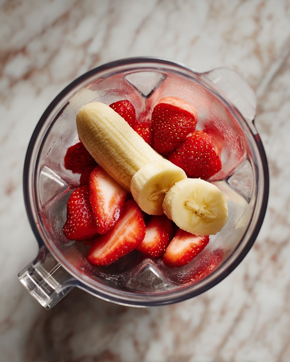 Inside a clear blender jar, there are two layers of fruit. The bottom layer has several bright red strawberry pieces with a juicy texture, while the top layer has a whole peeled yellow banana placed horizontally over the strawberries. The blender jar sits on a surface with a white marbled texture. Photo taken with an iphone --ar 4:5 --v 7