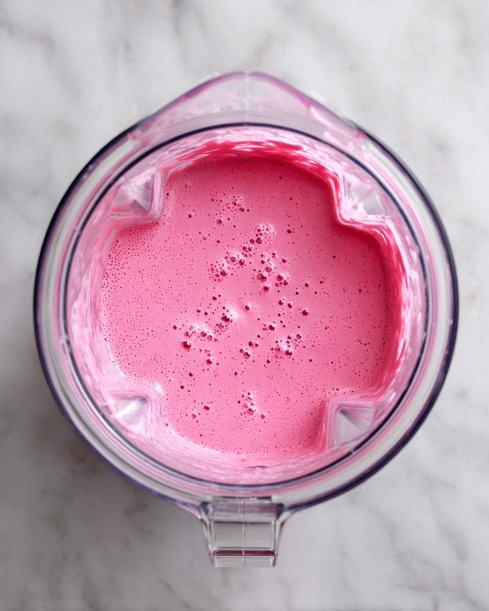 A clear blender jar with a pointed lid is filled with a smooth, bright pink liquid that has small bubbles on the surface. The liquid looks creamy and evenly mixed, with a few darker pink specks scattered throughout. The blender is placed on a white marbled surface, seen from directly above, showing the inside texture of the pink mixture clearly. photo taken with an iphone --ar 4:5 --v 7