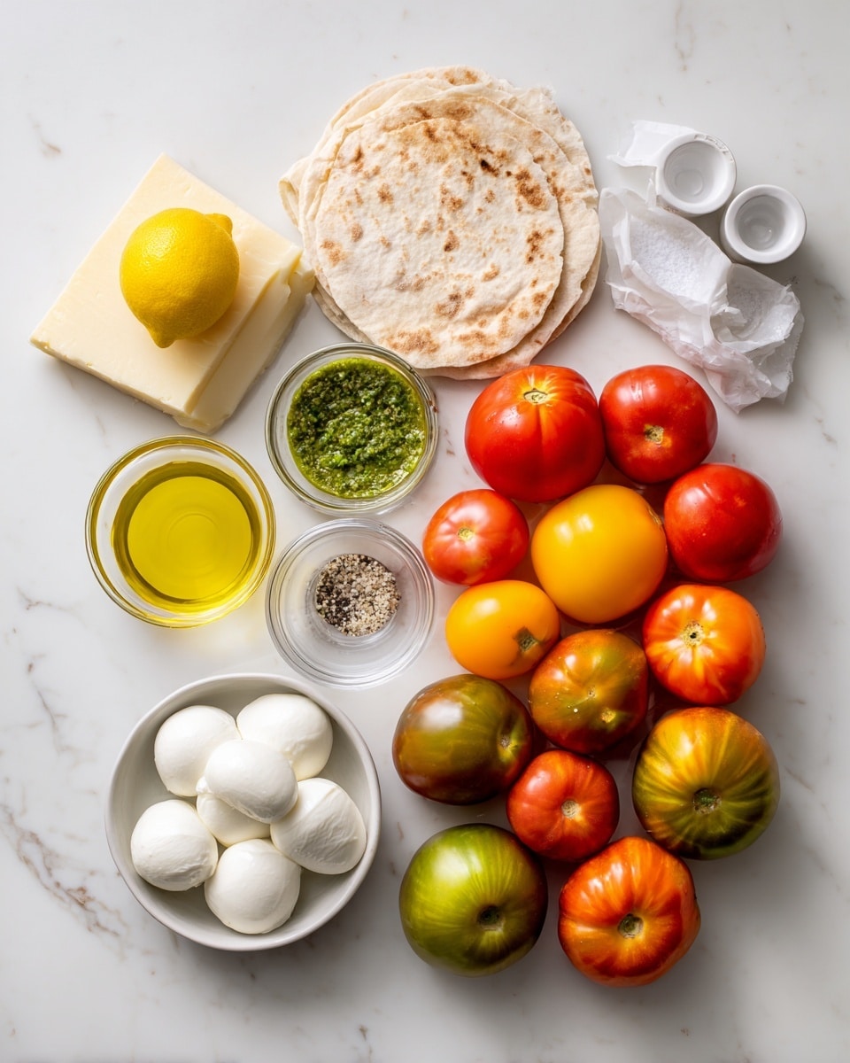 A white marbled surface holds an arrangement of fresh ingredients including seven colorful heirloom tomatoes in shades of red, yellow, orange, and deep green, grouped mainly on the right side. At the center left, there is a block of light yellow cheese with a smooth texture, and below it, a white bowl containing two round balls of fresh mozzarella sitting in liquid. Above the tomatoes, two small glass bowls hold olive oil and green pesto, while two smaller glass bowls contain salt and black pepper. A sealed package of light beige flatbread is placed near the middle top, alongside a bright yellow lemon. In the top right corner, a stack of three white nested measuring cups complete the scene. Everything is laid out neatly on the clean white marbled background. photo taken with an iphone --ar 4:5 --v 7