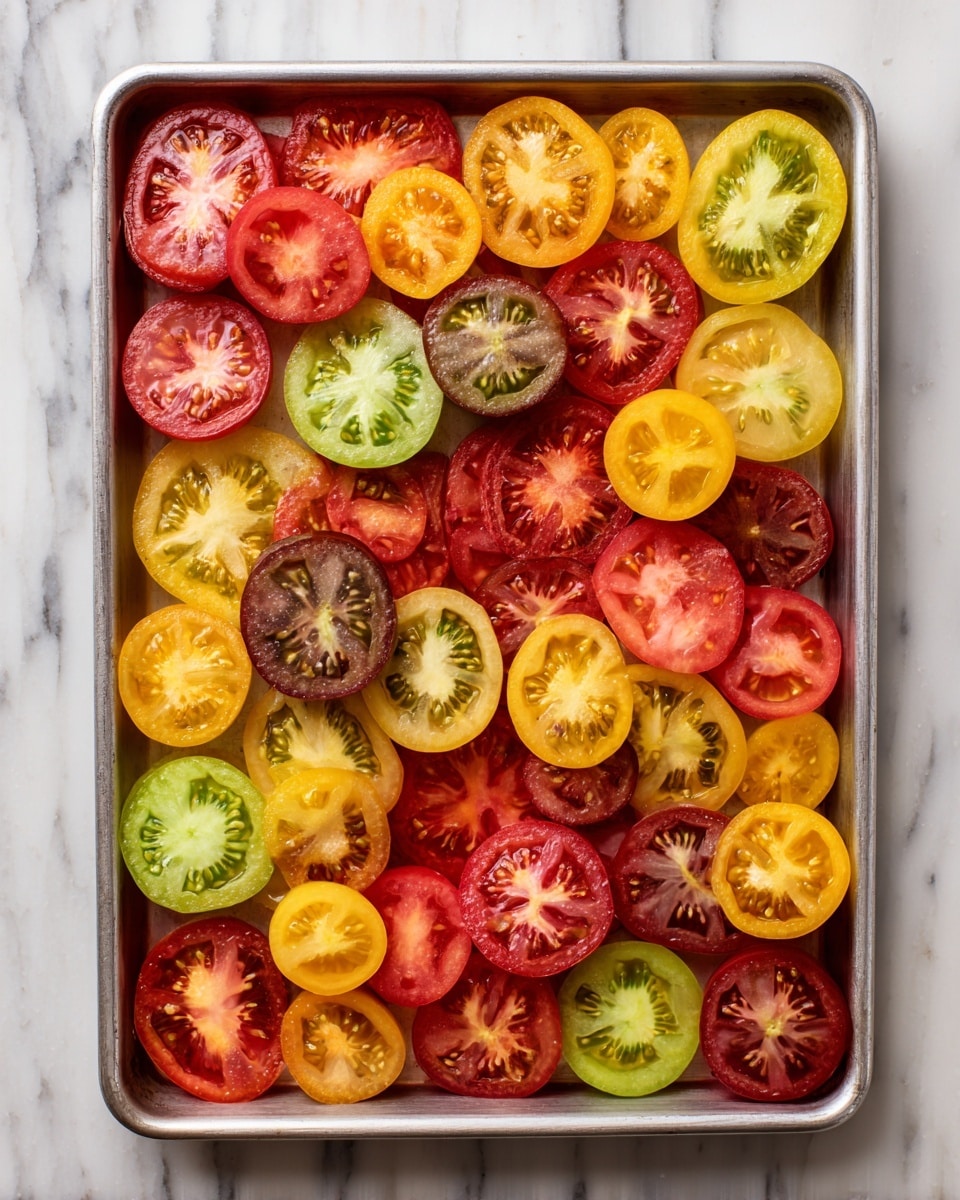 The image shows a metal tray filled with many slices of different colored tomatoes arranged side by side. There are three main colors visible: red, yellow, and a greenish-brown mix. Each tomato slice shows its seeds inside, with a mix of round and slightly irregular shapes. The slices cover the entire tray with some overlapping. This is all set on a white marbled surface. photo taken with an iphone --ar 4:5 --v 7