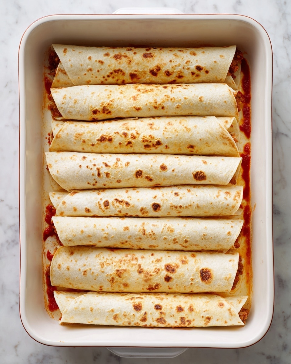 The image shows a white rectangular baking dish filled with eight rolled tortillas placed side by side in two columns. The tortillas are light beige with small brown toasted spots scattered on the surface. Inside each tortilla, there seems to be a meat filling, as some bits peek out from the ends. The baking dish has a thin rim, and there is a little red sauce at the bottom visible between the tortillas. The dish rests on a white marbled surface. Photo taken with an iphone --ar 4:5 --v 7