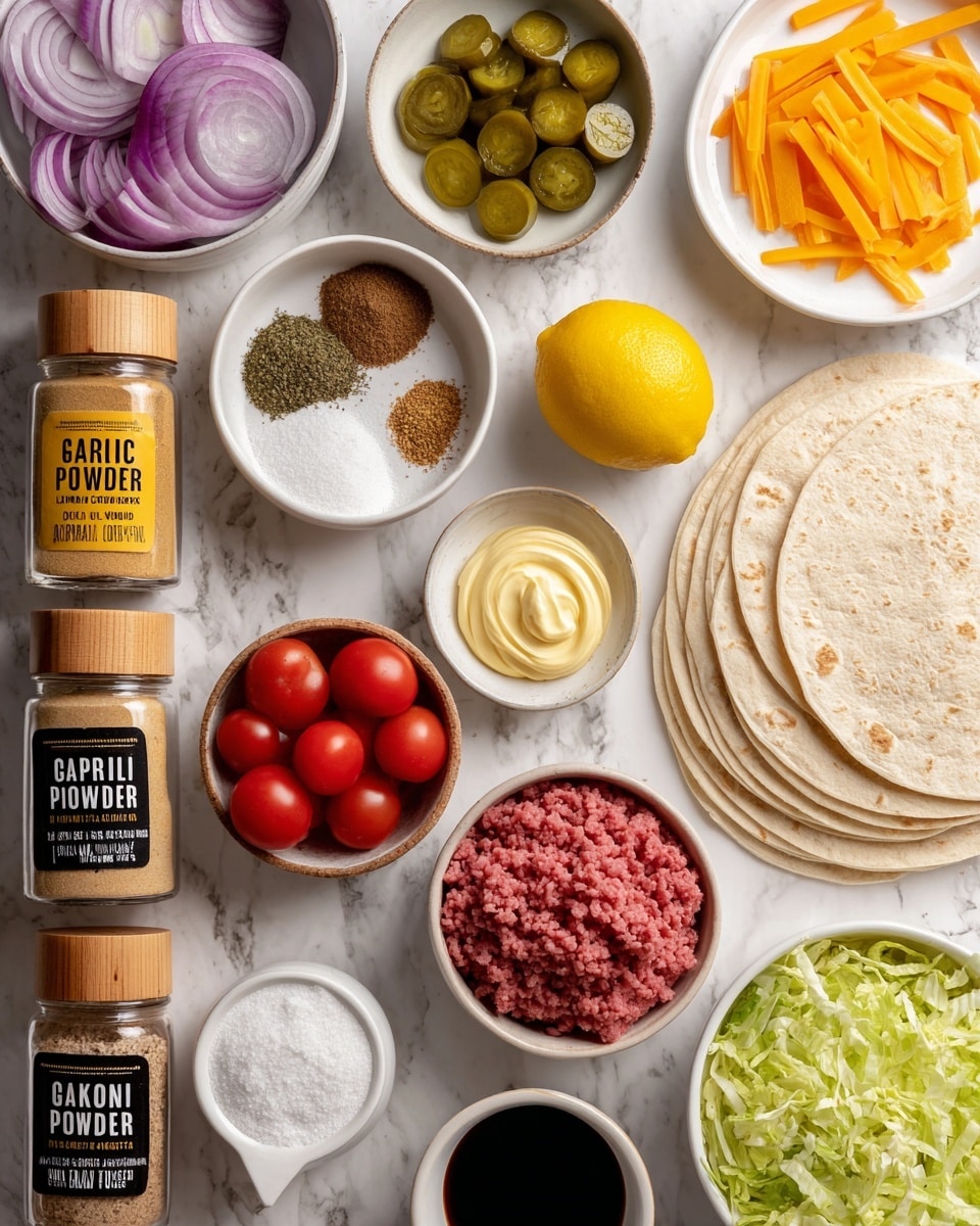 The image shows ingredients neatly arranged on a white marbled surface, each in small white bowls except for three spice jars with wooden lids labeled