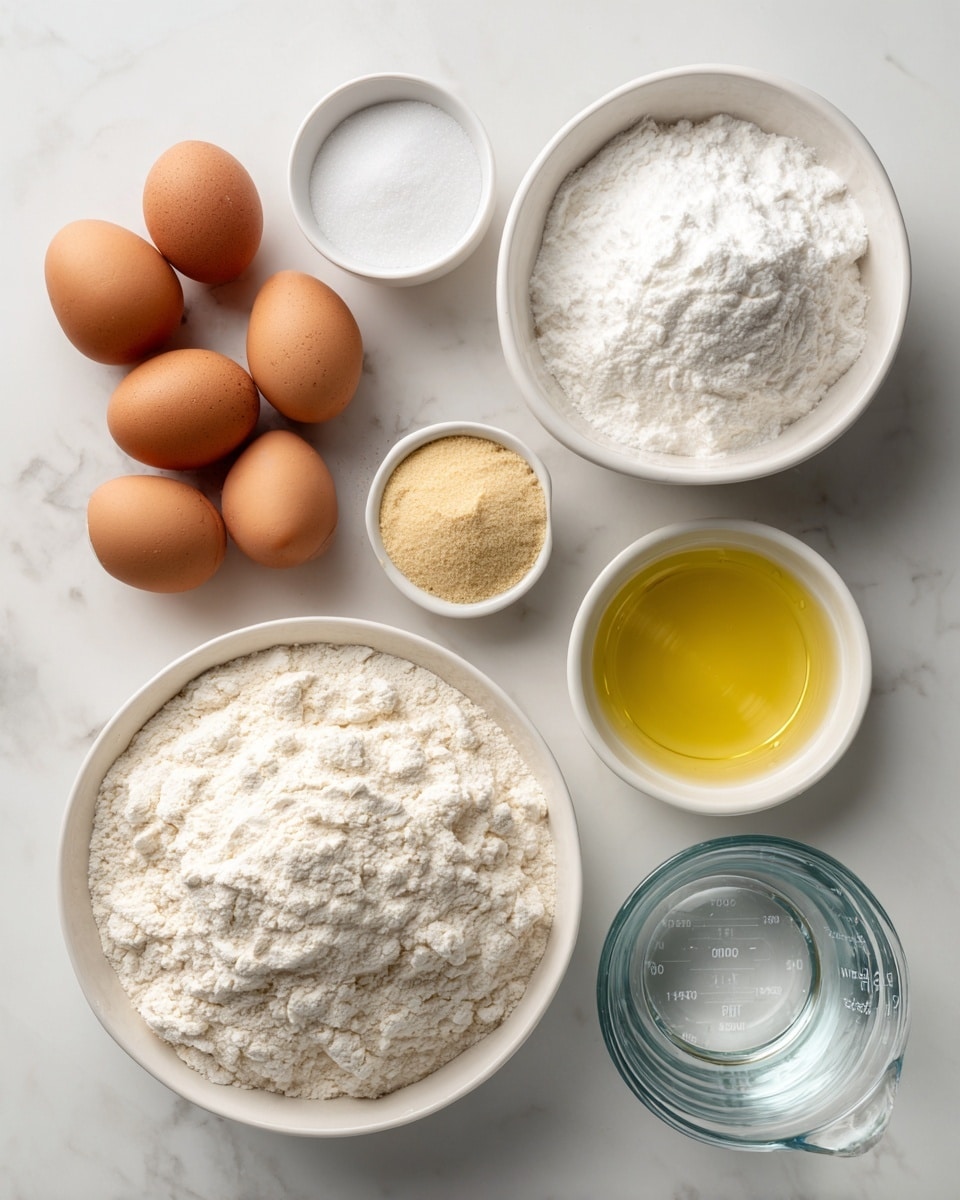 The image shows baking ingredients arranged neatly on a white marbled surface. There are five brown eggs grouped together on the left side, and below them is a small white bowl filled with light brown yeast. To the right of the yeast is a larger white bowl full of white flour with a crumbly texture. Above the flour bowl is a medium white bowl filled with white sugar, and beside it is a small glass jar containing light yellow oil. To the right of the oil jar is a clear measuring cup holding water. Finally, a small glass container of salt is placed near the yeast bowl. The scene is clean and well-lit, with natural colors and simple presentation, photo taken with an iphone --ar 4:5 --v 7