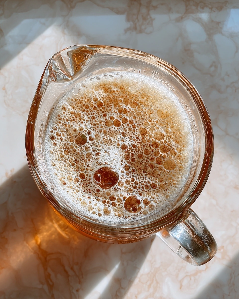 A clear glass measuring jug filled with a fizzy light brown liquid that has a thick layer of foam on top. The bubbles in the foam vary in size and some small white grains are visible on the surface of the foam. The jug sits on a white marbled surface, and the light reflects softly on the glass around the handle and the spout. photo taken with an iphone --ar 4:5 --v 7