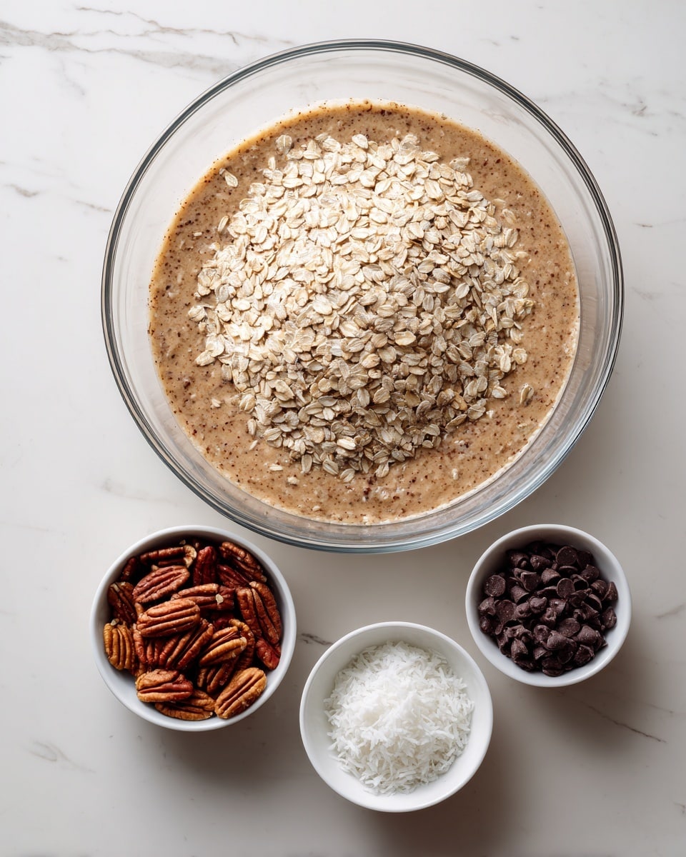 A clear glass mixing bowl is placed at the center on a white marbled surface, filled with a thick, light brown batter base. On top of this batter, a layer of pale beige rolled oats is spread evenly. Surrounding the bowl are three small white bowls arranged near the bottom of the main bowl: one bowl contains medium brown pecan nuts, another holds finely shredded white coconut, and the third is filled with small dark brown chocolate chips. The scene is well lit with soft natural light, showing the textures of each ingredient clearly photo taken with an iphone --ar 4:5 --v 7