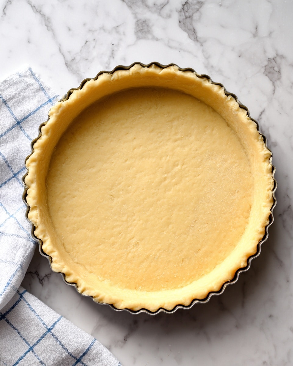 A smooth, even layer of pale yellow dough lines a round tart pan with scalloped edges, showing slight texture and a pressed-in look around the sides. The dough fills the base and rises slightly up the pan's ridges, forming a neat shell. The tart pan sits on a white marbled surface, with a folded white and blue checkered cloth positioned at the bottom left corner of the image. Photo taken with an iphone --ar 4:5 --v 7