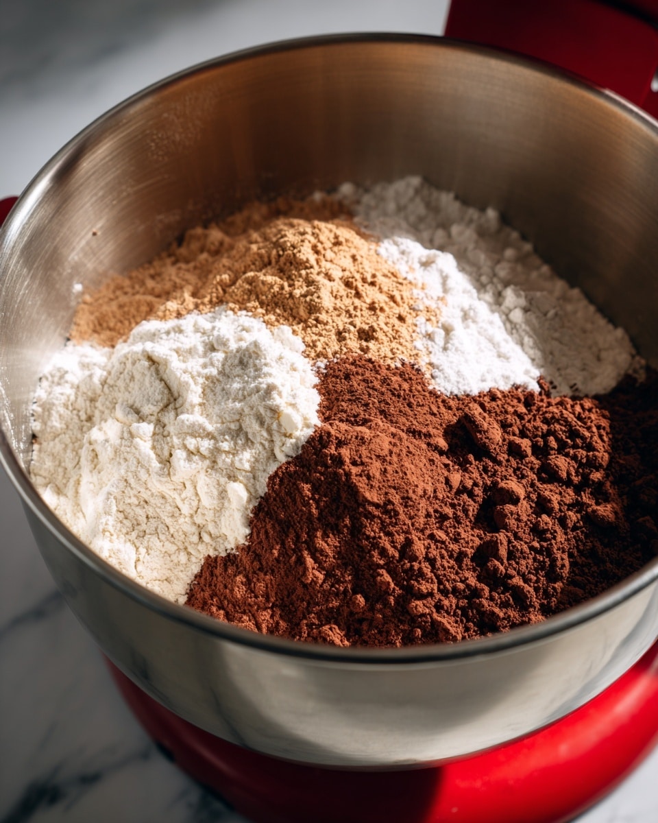 A close-up view of a silver mixing bowl containing three separate piles of dry ingredients: white flour dusted with a light sprinkle of brown powder, fine white granulated sugar, and dark brown cocoa powder, all resting against the smooth steel inside of the bowl. The bowl is part of a red stand mixer, visible on the right side of the image, placed on a white marbled surface. The lighting highlights the textures and shades of the powders inside the bowl. Photo taken with an iphone --ar 4:5 --v 7