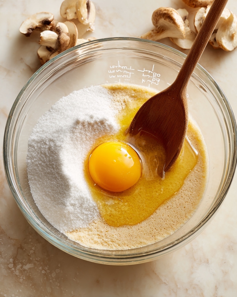 A clear glass mixing bowl with measurement markings contains several ingredients on a white marbled surface. Inside the bowl, there are distinct layers: a pile of white sugar on the left, a golden-yellow raw egg sitting on top of a light beige batter, and a light brown liquid pooling near the sugar. A wooden spoon rests inside the bowl, partially dipped in the mixture. In the background, there are some beige mushroom pieces slightly out of focus. Photo taken with an iphone --ar 4:5 --v 7
