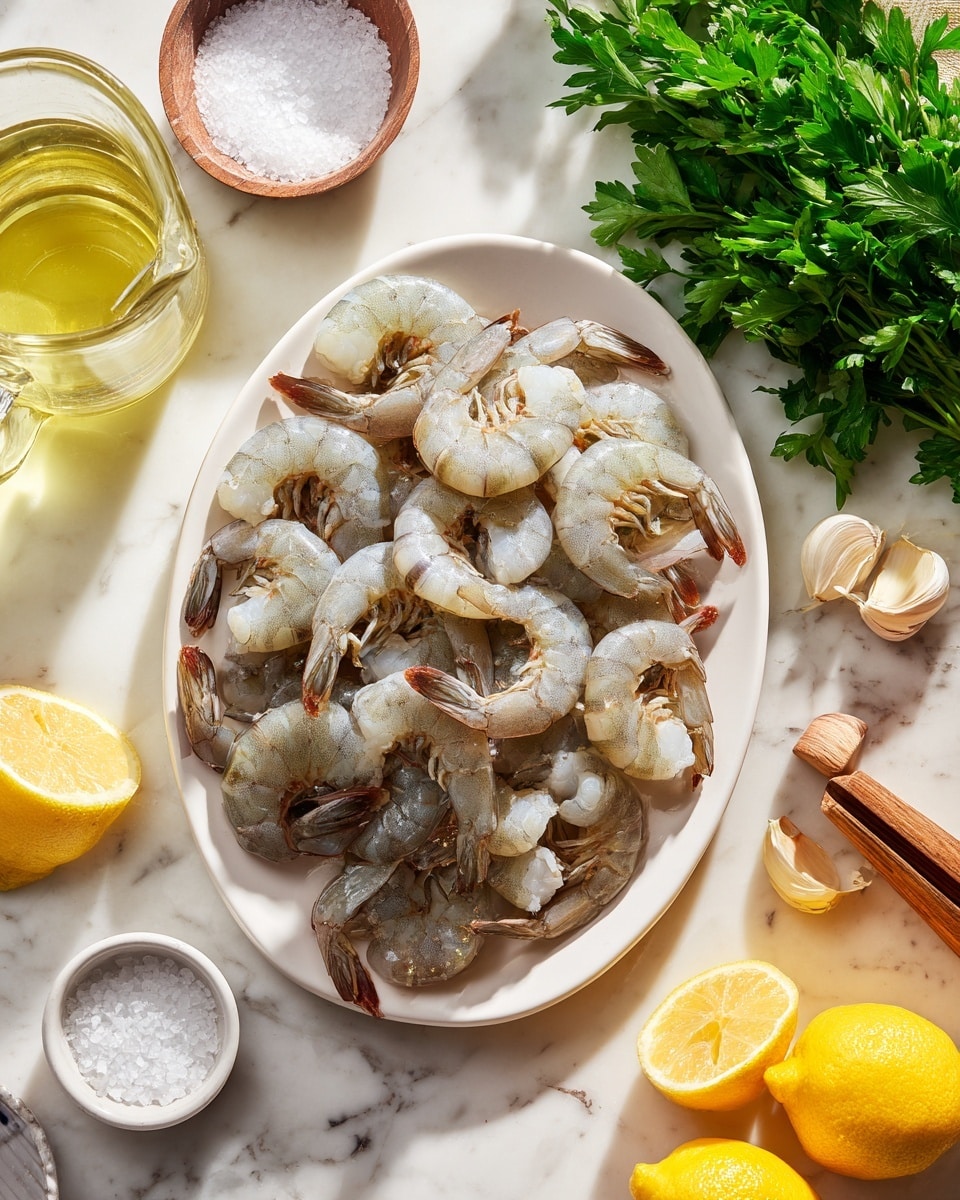 A white oval plate filled with a pile of raw shrimp, their shells greyish and slightly translucent with tails intact, sits on a white marbled surface. To the right, a bunch of fresh green parsley leaves lay beside a small cluster of garlic cloves, some skin peeled. At the bottom right, a few yellow lemon wedges and a whole lemon are placed near a wooden lemon squeezer. Near the top, a glass pitcher of light yellow liquid is partially visible, along with a small white container and a clear glass bowl filled with coarse white salt. The scene is brightly lit, showing natural colors and textures, photo taken with an iphone --ar 4:5 --v 7