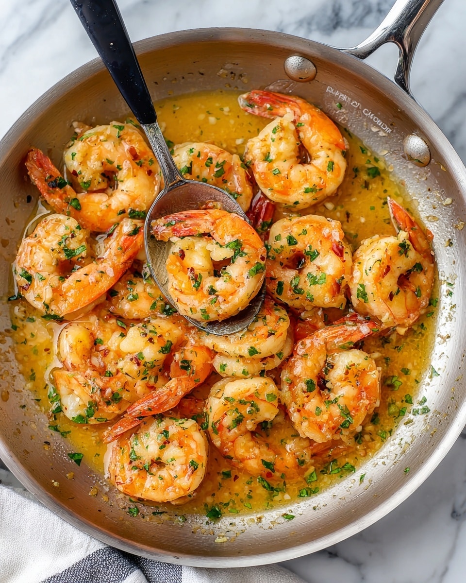 The image shows two white plates filled with cooked shrimp that are pink and orange with slightly charred edges, in a pool of yellow garlic butter sauce, sprinkled with small green herbs. On the larger plate, there is a spoon holding one shrimp near the front right, and a small piece of torn bread with garlic and herbs on the left side. A lemon wedge is placed on the top right edge of the larger plate. Around the plates, there are pieces of torn bread with a golden-brown crust on a white marbled surface, and a sliced lemon half is visible at the top left corner. Photo taken with an iphone --ar 4:5 --v 7