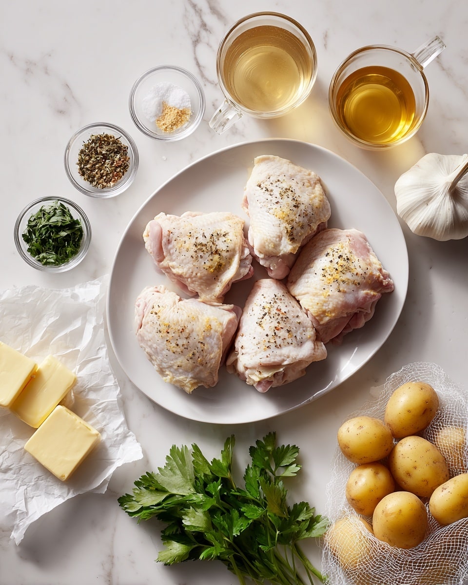 A white oval plate holds five raw chicken thighs seasoned with black pepper, placed on a white marbled surface. To the right, two clear glass measuring cups contain light brown broth and cream, next to a whole garlic bulb and fresh green spinach leaves. Below them, small clear glass bowls hold green dried herbs, flour, and various dried spices. Toward the bottom left, pieces of butter rest on white parchment paper, with fresh green parsley nearby. On the right side at the bottom, a mesh bag spills out several small yellow potatoes. photo taken with an iphone --ar 4:5 --v 7