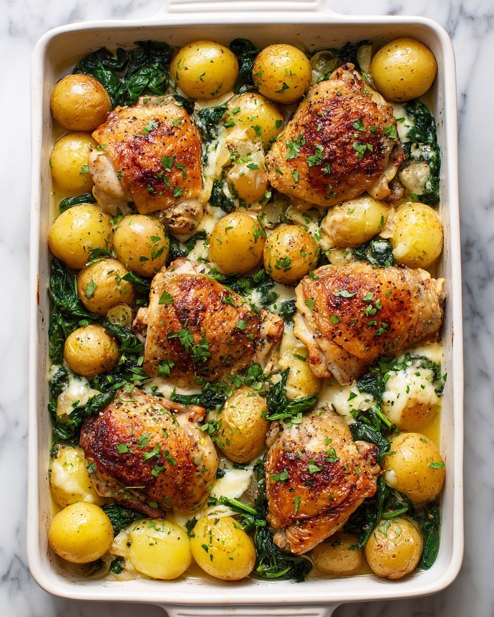 A round white plate with a thick gray inner ring holds a single piece of golden brown roasted chicken with a crispy skin in the center. Around the chicken are several golden-yellow potato slices with some dark green cooked spinach leaves mixed in, all sitting in a light creamy sauce. To the right side of the plate, there are two torn pieces of crusty bread with a light brown crust and soft white inside. The plate is placed on a white marbled surface, accompanied by two knives with dark brown handles on the left side. The shadow of a glass of pale yellow drink is visible at the top right corner. photo taken with an iphone --ar 4:5 --v 7