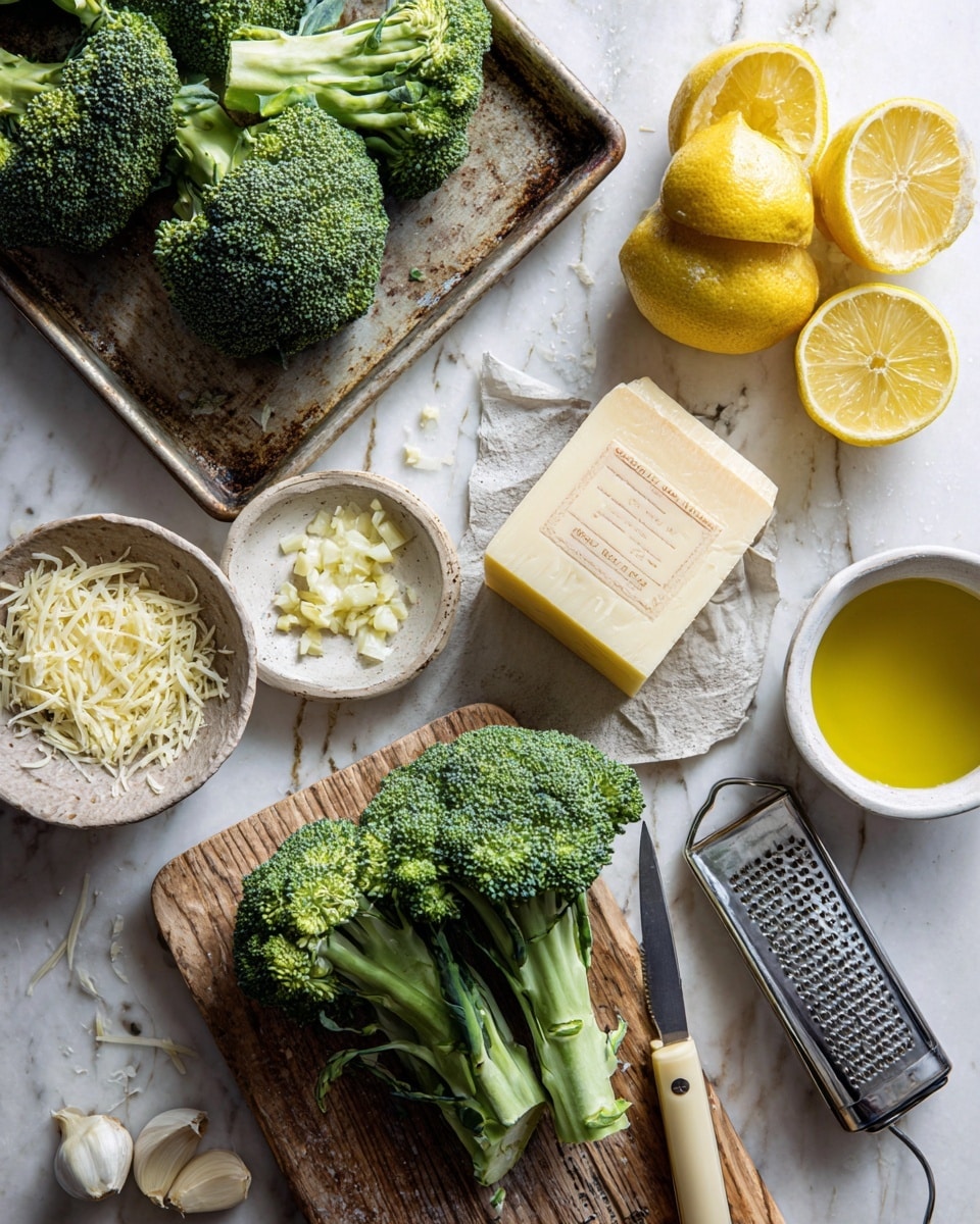 The image shows fresh broccoli florets and stalks placed on a white marbled surface, with some smaller broccoli pieces on a rustic metal tray at the top. To the left, there is a small round bowl filled with shredded cheese, spilling a little onto the surface. Near the center is a block of pale yellow cheese with a printed label, sitting next to a wooden board that holds a whole lemon and several lemon wedges. Above the board, there is a white bowl filled with golden olive oil, and nearby, a small white bowl contains finely chopped garlic. A metal box grater leans on the board, positioned near the cheese and lemon. A knife with a light wooden handle rests on the tray with broccoli. Photo taken with an iphone --ar 4:5 --v 7