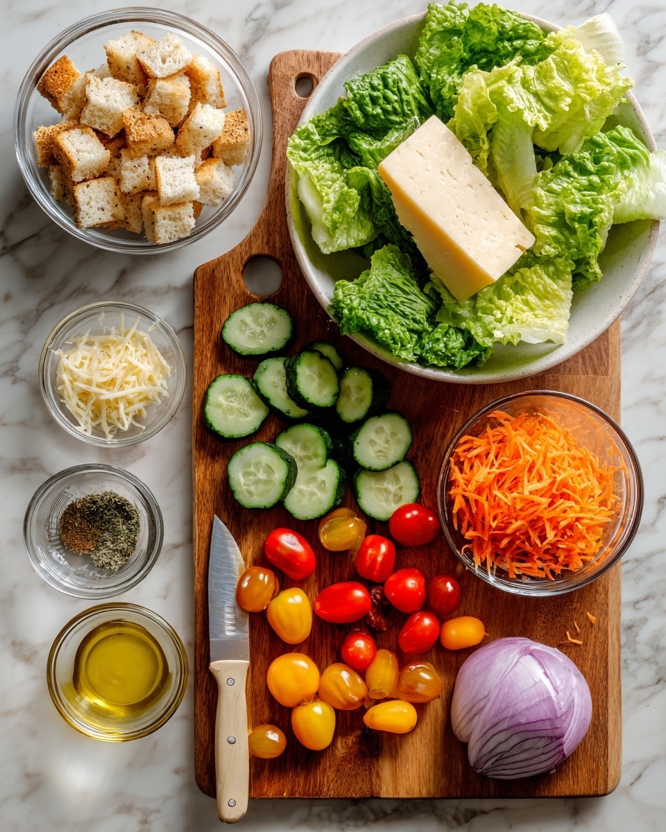 A wooden cutting board is filled with fresh vegetables including whole and sliced cucumbers, red and yellow cherry tomatoes halved, and half a red onion placed near the bottom right side. Above the board, a large white bowl contains chopped green lettuce with a large wedge of cheese standing upright inside it. Surrounding the bowl are small clear glass bowls holding shredded orange carrots, light yellow dressing, herbs, spices, a golden olive oil, and grated cheese. To the upper left, a clear bowl holds big chunks of white bread croutons. A white marbled surface serves as the background, and a knife with a light wooden handle rests on the cutting board. Photo taken with an iphone --ar 4:5 --v 7