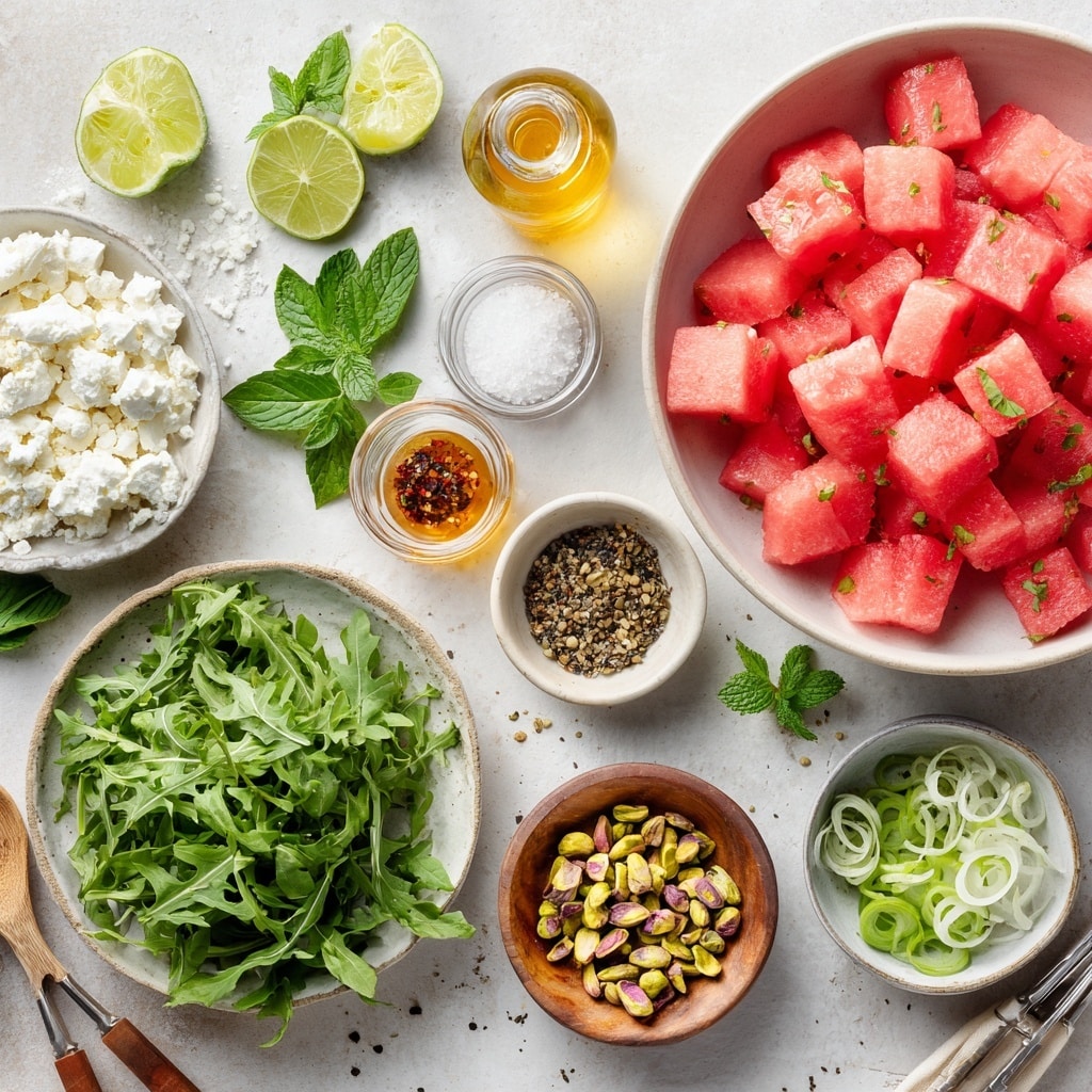 A metallic bowl with a spoon inside holds a colorful salad arranged in layers: on the left, thin round slices of pink radish with black pepper; next to it, bright red cubed watermelon pieces; on top of the watermelon and spread through the middle, fresh green leaves of basil; to the right, crumbled white cheese with a slightly rough texture sprinkled with black pepper; and under the basil, thin sliced green onions adding a fresh green touch. The bowl sits on a white marbled surface. photo taken with an iphone --ar 4:5 --v 7