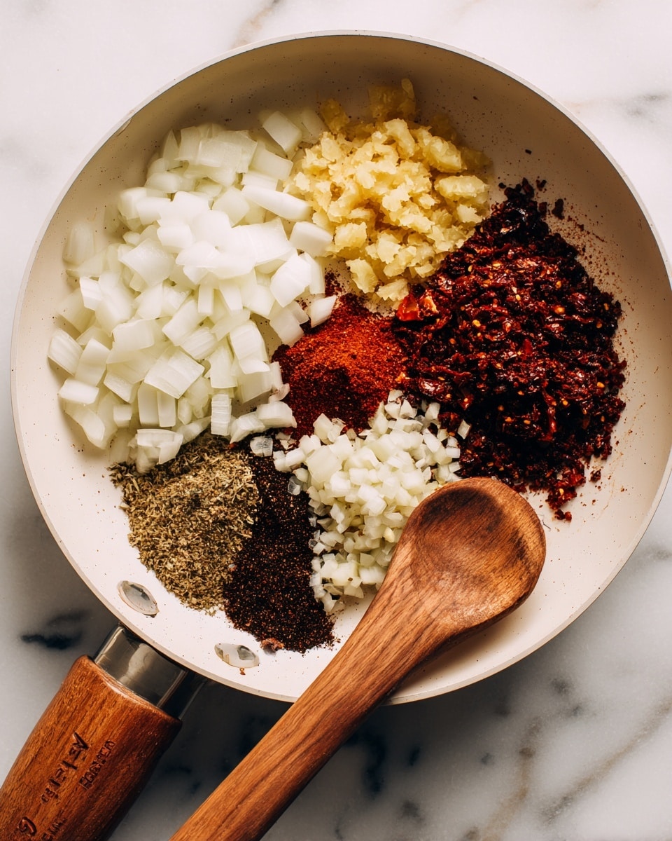 A white pan with a wooden handle sits on a white marbled surface, filled with five groups of ingredients. In the top left, there is a layer of diced white onions with a smooth, slightly shiny texture. Below this is a layer of finely chopped translucent ginger. To the right of the ginger, there is a dark red chunky spice mix with a rough texture. Next to the spice mix, finely chopped garlic pieces lay, showing a pale off-white color. Above the garlic, there is a pile of dark brown ground spices with a powdery texture. A long wooden spoon rests inside the pan on the right side, its handle extending out of the pan. Photo taken with an iphone --ar 4:5 --v 7