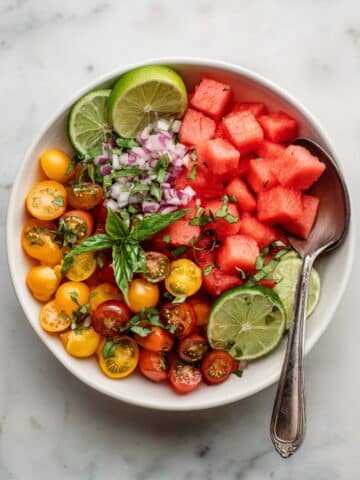 Sweet Watermelon Salad with Cherry Tomatoes and Basil Recipe