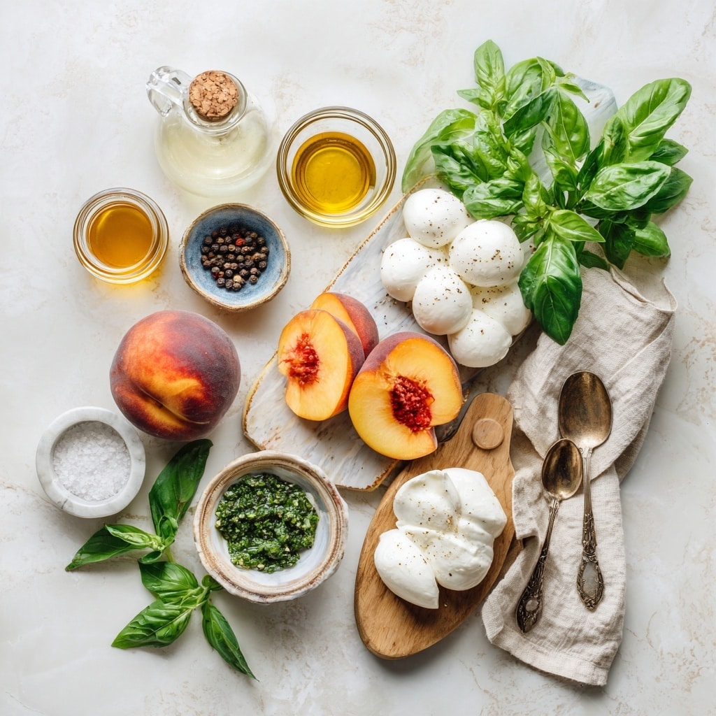 A wooden board holds fresh ingredients arranged neatly: top left shows a bunch of bright green basil leaves with smooth texture, nearby is a small round brown nut, and top right features a halved peach with its yellow flesh and red-pink center visible. Below, slices of peach with yellow and soft orange hues are spread out in the middle, while on the bottom right, three white soft cheese rounds are stacked slightly overlapping. Scattered small basil pieces add touches of green around the board. The background is a white marbled texture. Photo taken with an iphone --ar 4:5 --v 7