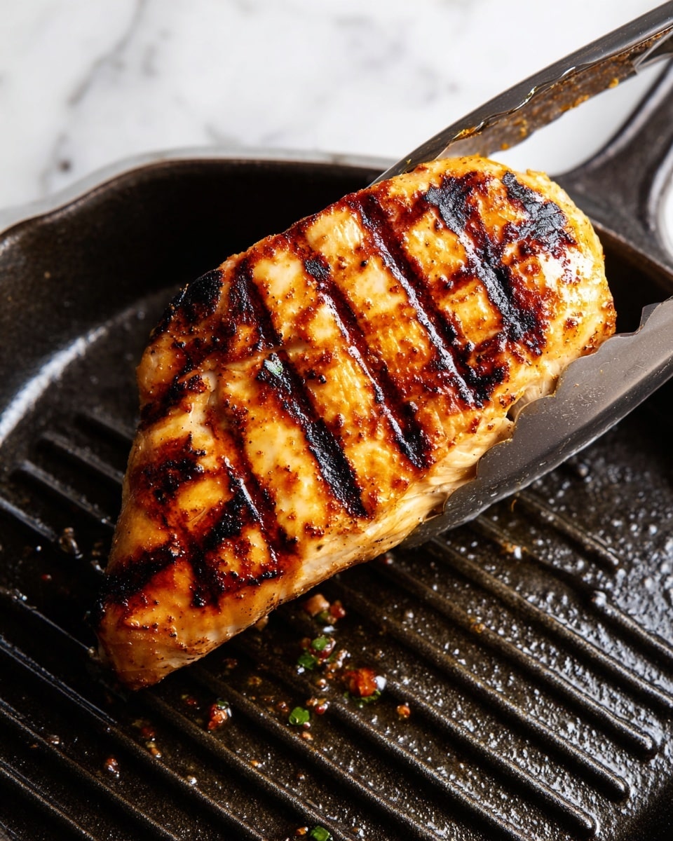 A single piece of grilled chicken with dark char marks is being held by a pair of metal tongs over a black grill pan. The chicken is golden brown with shiny, slightly caramelized areas and well-defined grill stripes running diagonally across it. The grill pan has raised ridges and a textured surface with small bits of food and oil around the edges. The image background shows a white marbled surface. Photo taken with an iphone --ar 4:5 --v 7