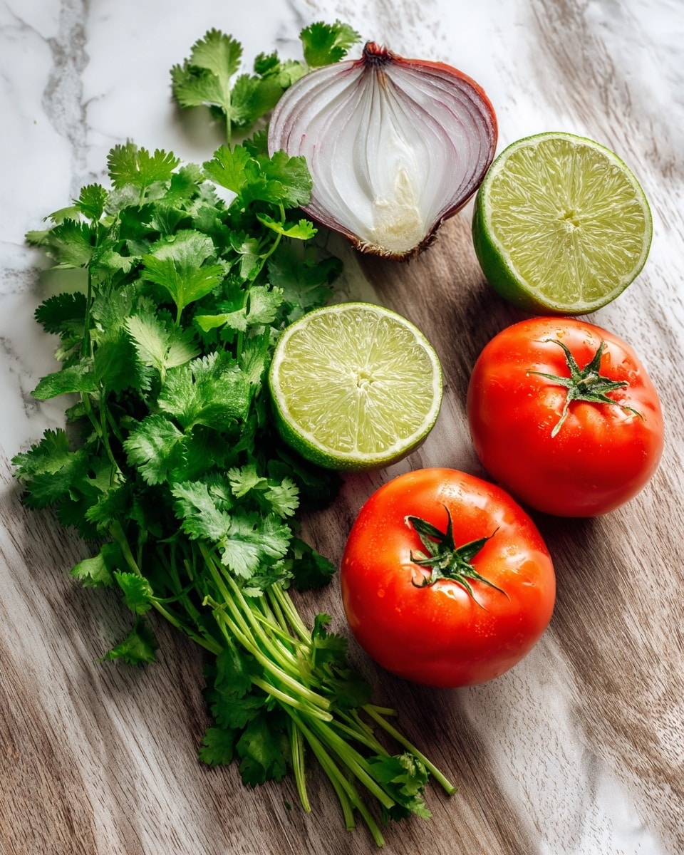 The image shows fresh ingredients on a wooden surface with a white marbled texture. There are two whole bright red tomatoes on the right side with green stems, a half white onion with purple skin on the back, three lime halves showing their light green juicy inside, and a bunch of fresh green cilantro leaves with delicate stems on the left side. The colors are bright and fresh, and the textures range from smooth tomatoes to leafy cilantro. Photo taken with an iphone --ar 4:5 --v 7