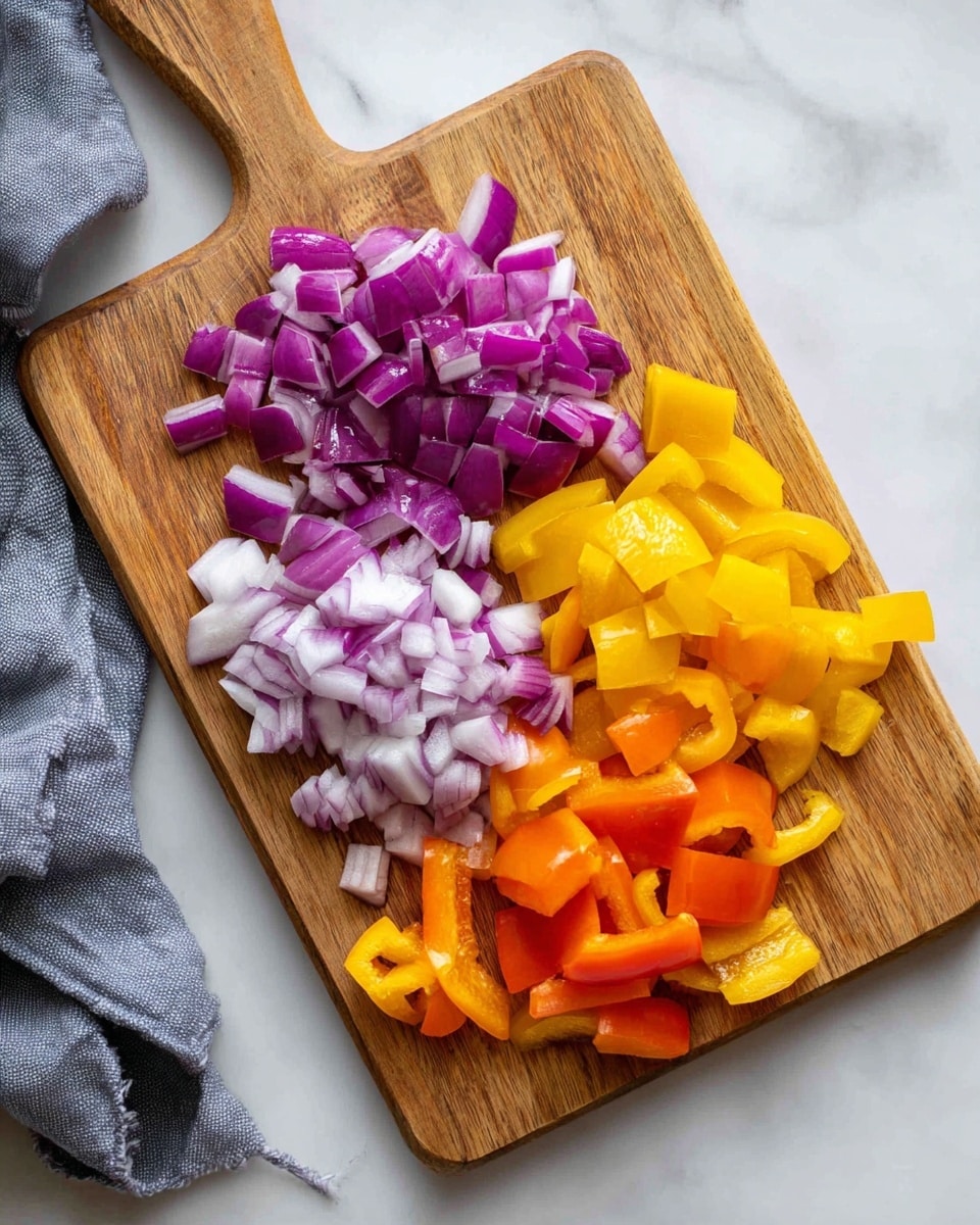 A small wooden cutting board sits on a white marbled surface, holding several pieces of chopped purple and white onion arranged in the center. To the right of the board, there is a pile of bright orange bell pepper pieces, while to the left bottom corner, chunks of yellow bell pepper are scattered. A gray cloth napkin is partially visible under the cutting board on the left side. The colors are vibrant and fresh, with each element clearly defined. Photo taken with an iphone --ar 4:5 --v 7
