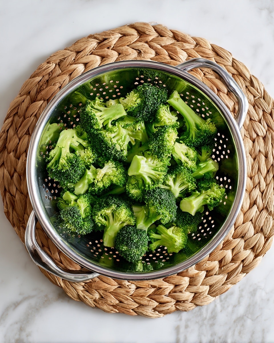 A shiny silver metal colander filled with bright green broccoli florets sits at the center. The broccoli pieces are fresh and chopped into small chunks, evenly spread inside the colander. The colander has many small holes running in vertical lines around its circular shape and two side handles. It is placed on a round woven mat that rests on a white marbled surface with faint gray lines and spots. The light reflects on the colander’s shiny inner surface, making the green broccoli color stand out clearly. photo taken with an iphone --ar 4:5 --v 7