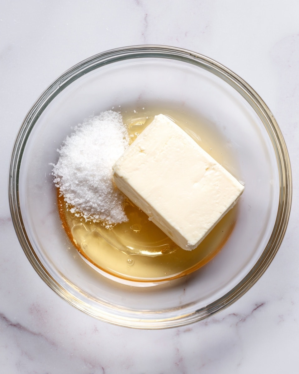 A clear glass bowl sits on a white marbled surface. Inside the bowl are three visible layers: a solid, creamy white block of cream cheese positioned on the left side, a small pile of white granulated sugar in the bottom left corner, and a light golden, translucent layer of honey or syrup occupying the right side, all gently touching each other. The bowl has a smooth and round shape with visible rim lines. photo taken with an iphone --ar 4:5 --v 7