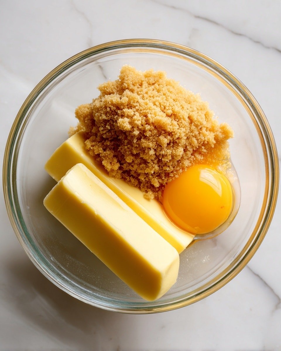 A clear glass bowl sits on a white marbled surface, holding three main layers inside. At the bottom, there is a smooth, light yellow layer of two thick sticks of butter placed parallel. Above this is a bright yellow raw egg yolk that nestles against one side. On top, there is a mound of loose, golden brown sugar with a crumbly texture, slightly cracked on the surface. Photo taken with an iphone --ar 4:5 --v 7