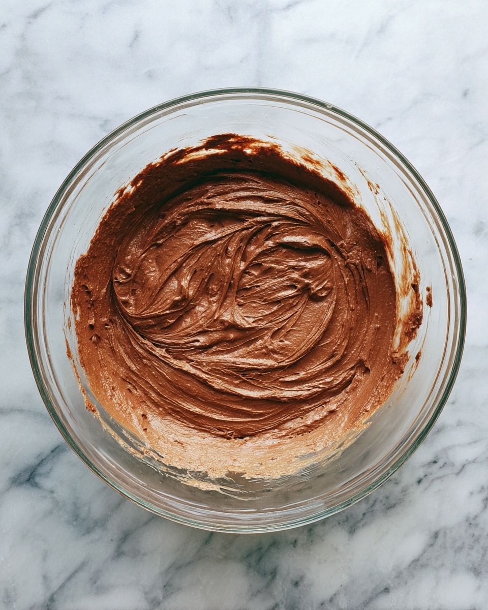 A clear glass mixing bowl filled with one thick layer of light brown chocolate batter that has a smooth but textured surface showing mixing marks, placed on a white marbled countertop. The batter covers the bottom of the bowl evenly with rough swirls. photo taken with an iphone --ar 4:5 --v 7