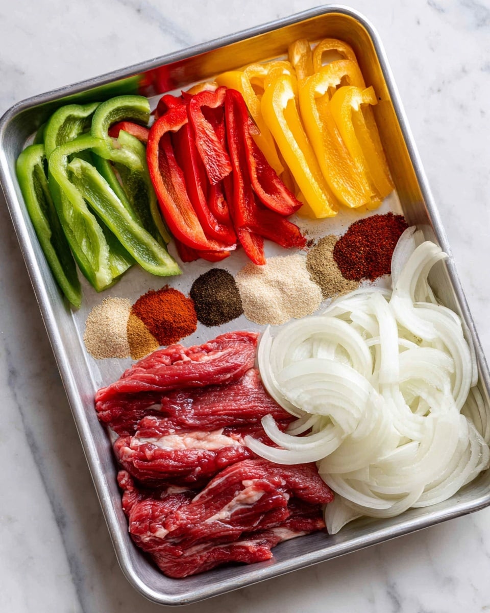 The image shows a metal baking tray with three main groups of ingredients. The bottom part holds raw, thinly sliced red meat with visible white fat streaks. Above the meat, sliced onions are spread in the upper right part, appearing white with slightly transparent layers. The onions are topped with several spice powders in brown, red, black, and beige colors. To the left of the onions, there are three types of sliced bell peppers arranged in rows—green, yellow, and red—each with smooth and shiny textures. The tray rests on a white marbled surface. Photo taken with an iphone --ar 4:5 --v 7