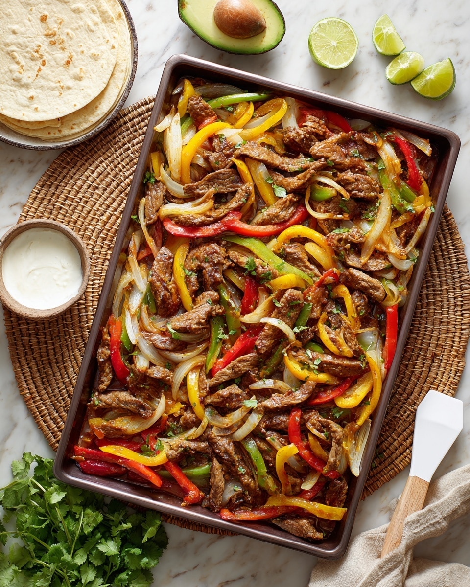 The image shows three soft white flour tortillas on a white plate, each folded and filled with layers of cooked strips of brown meat, sautéed green, yellow, and red bell peppers, and translucent sautéed onions. Two lime wedges sit on the plate beside the tacos. To the top right, there is a baking tray filled with the same cooked meat and peppers mixed with onions. On the left side, a woman's hand is reaching towards a white plate stacked with more plain flour tortillas. Fresh green cilantro leaves are scattered near the tortillas, and there is a whole avocado and lime wedges on a wooden board nearby. The background surface is a white marbled texture photo taken with an iphone --ar 4:5 --v 7